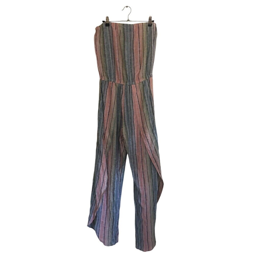 Drew Jumpsuit Women's Size Small Blue Pink Stripes Linen Blend Split Legs